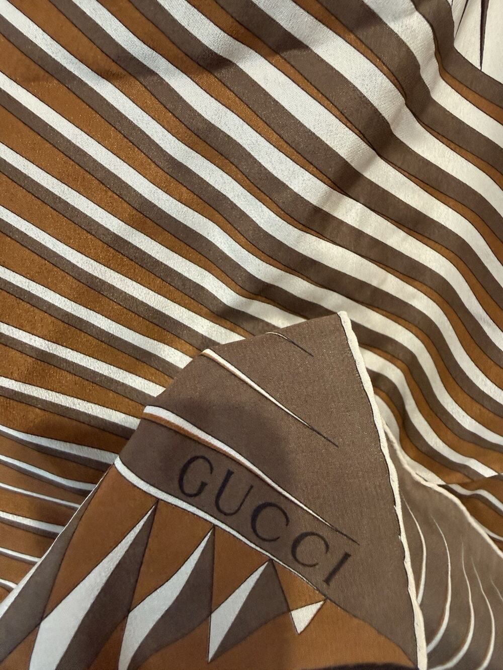 Gucci Vintage 100% Silk Brown Cream Geometric Square Scarf Wrap Made Italy 33"